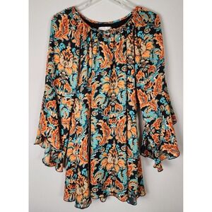 Lady Noiz Tunic Women Sz S Dark Floral Abstract Paisley‎ Print Bell Long Sleeve